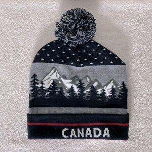 5/$25 Canada Black White Grey Mountain Scene Knit Toque Beanie With Pom Pom